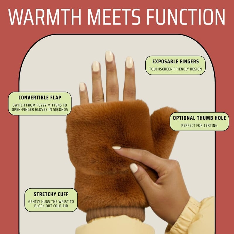 Funky Junque Faux Fur Flip Mittens Womens Warm Convertible Fingerless Gloves - Image 2